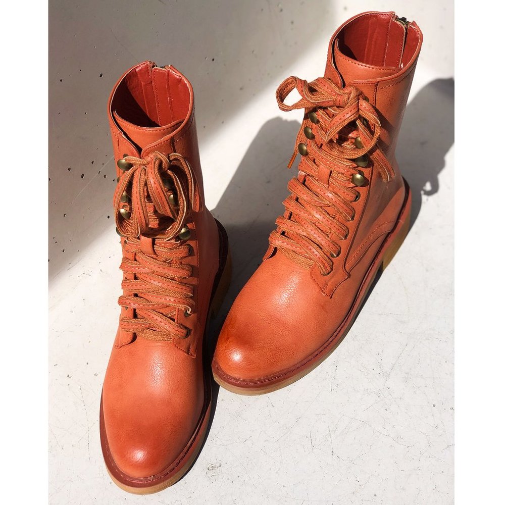 NEW Cognac Orange Laced Up Zipper Back Wooden Heel Mid Calf Ankle Combat Boots